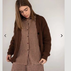 BNWT 100% linen gingham brown button up long sleeve shirt